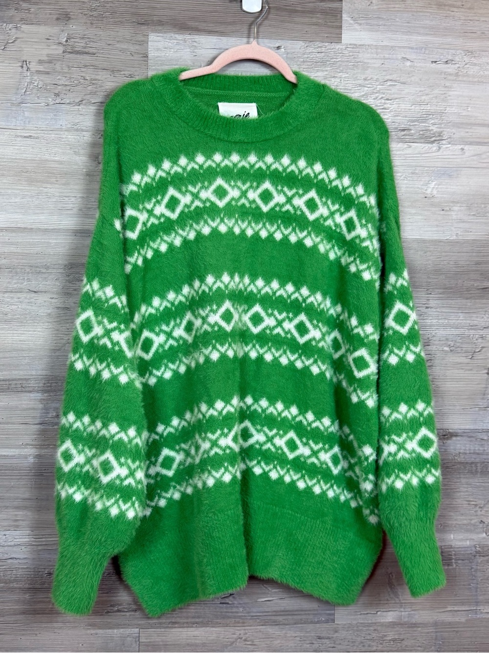 Aerie Fair Isle Fuzzy Eyelash Knit Sweater Green White Medium M